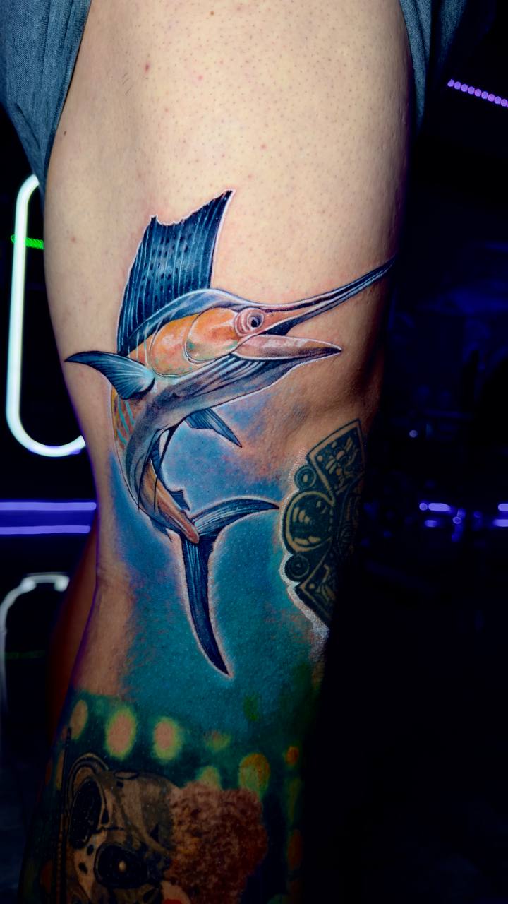Color realism marlin tattoo