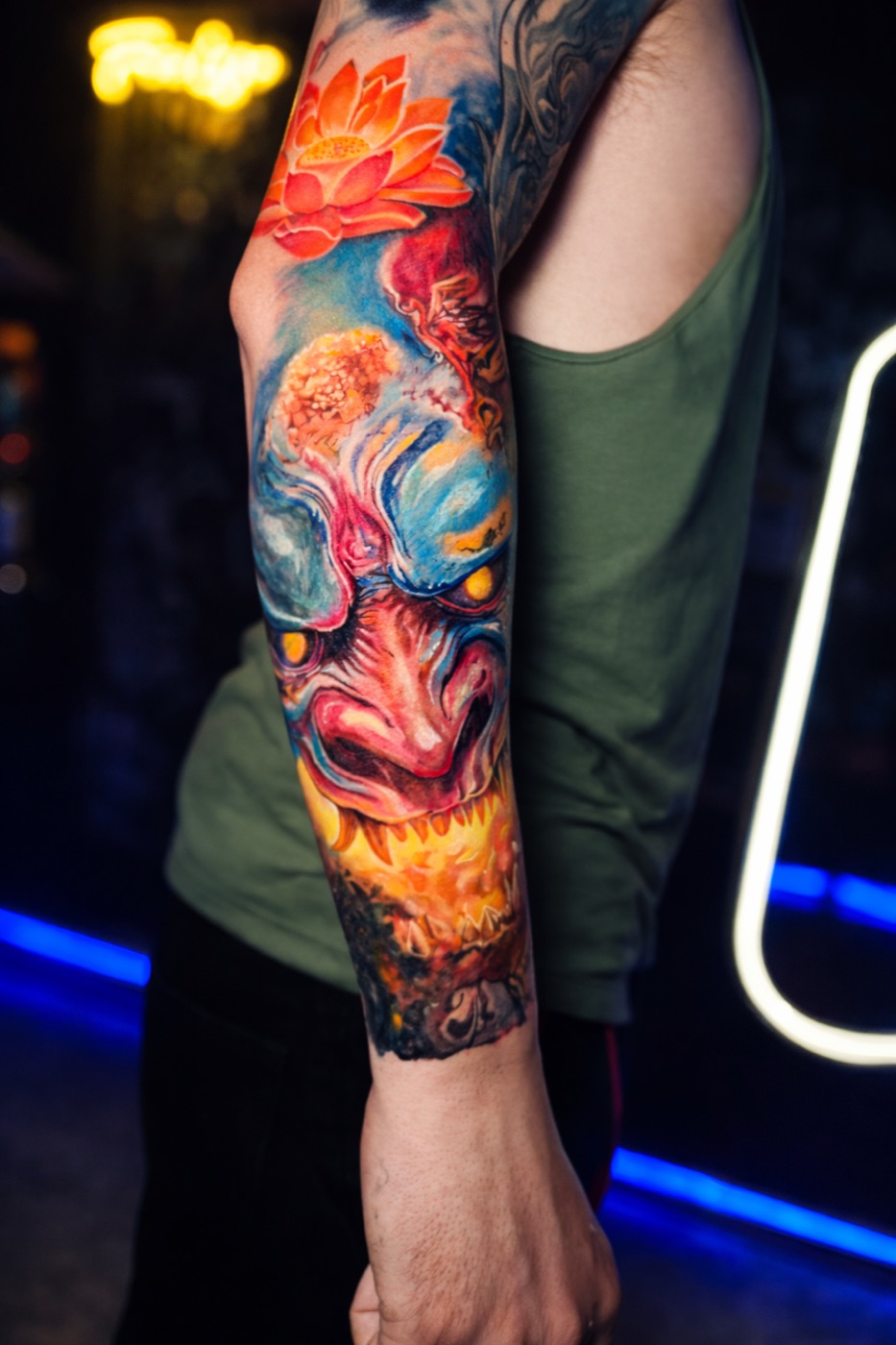 Lotus & Inferno — Color Realism tattoo by Laurent Alba, Denver