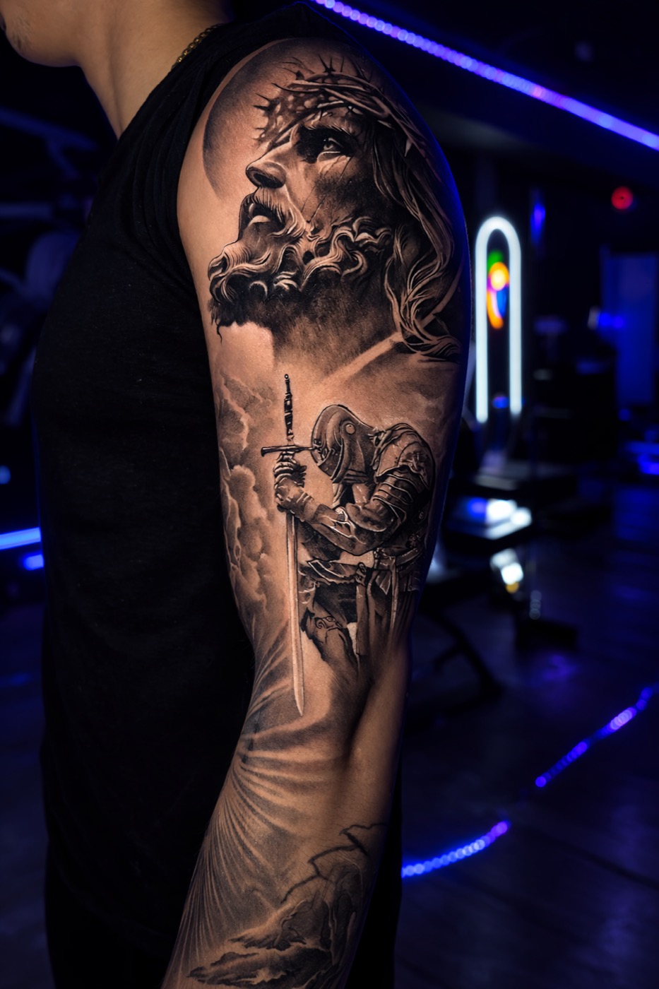 Healed black and grey realism tattoo by Laurent Alba