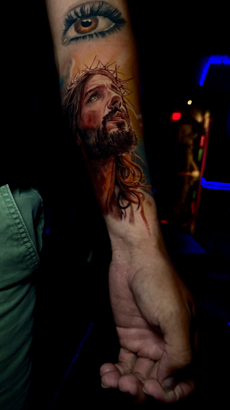 Divine Gaze — Color Realism tattoo by Laurent Alba, Denver